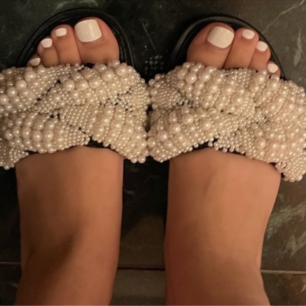 CHANEL Pearl Embellished Black Sandals
